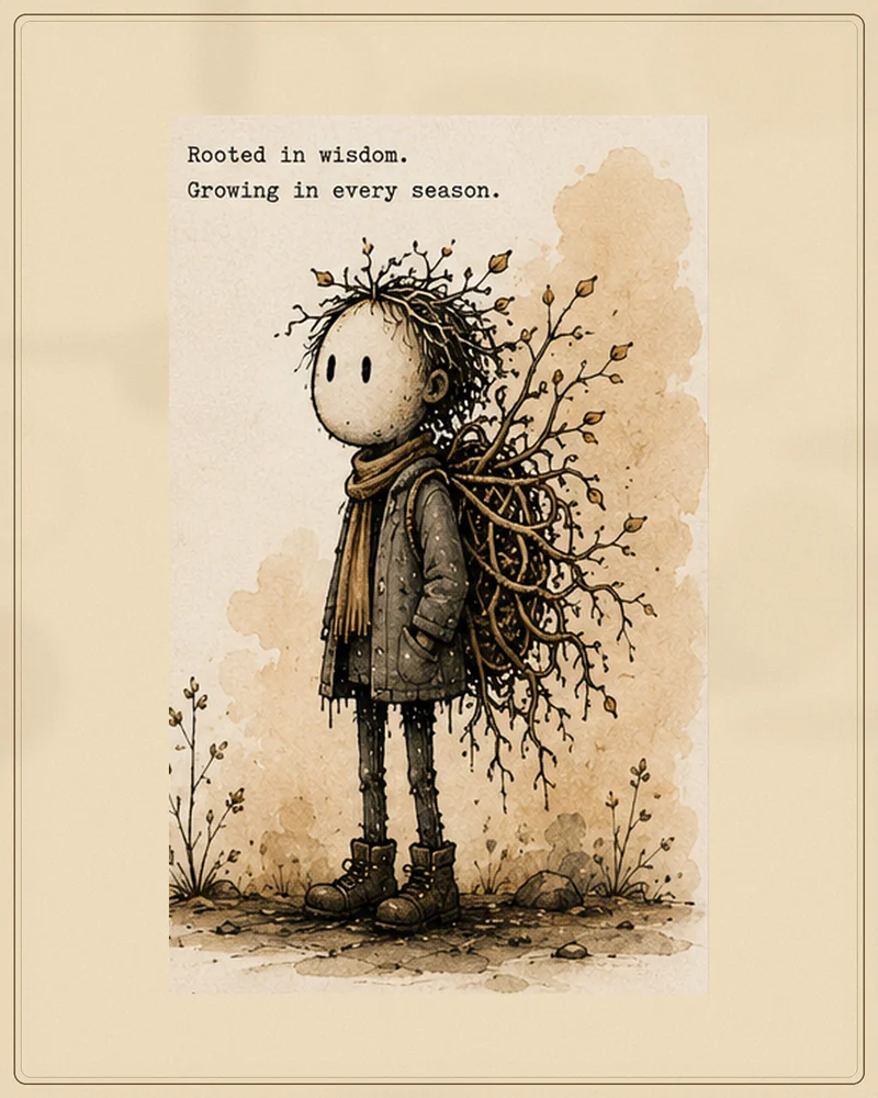 Rooty - a tall, thin wanderer with a blank, calm face, a weathered coat and scarf, oversized worn boots, and a living bundle of roots carried on the back.